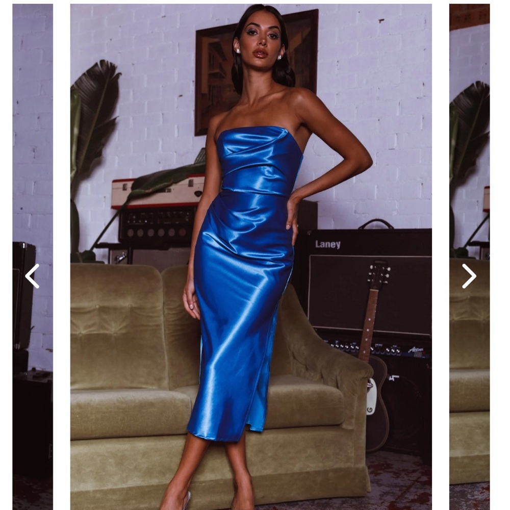 Selfie Leslie GEORGETTE STRAPLESS SATIN MIDI DRESS MIDNIGHT BLUE